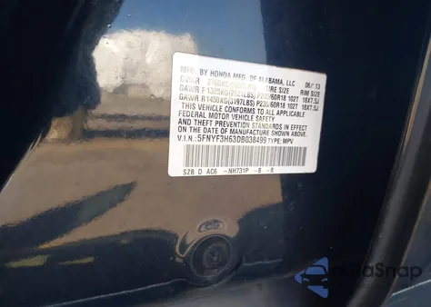 2013 Honda Pilot Ex-L из США, поврежденный, VIN 5FNYF3H63DB038499